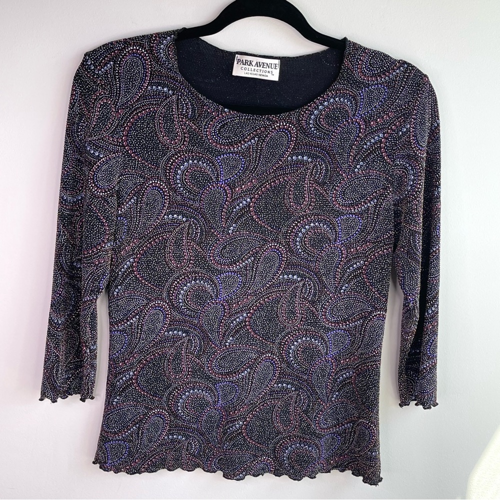 Vintage Park Avenue Collection Black Fitted Blouse With Metallic Threads Size M